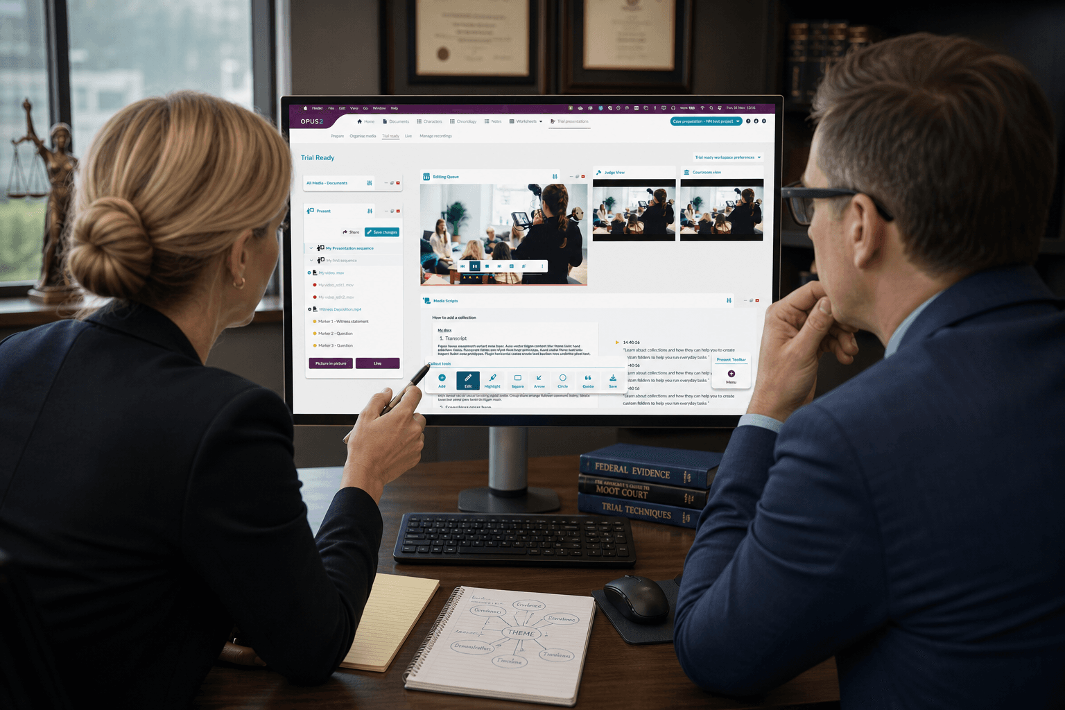 Working closely with trial technicians/hot seat operators to understand how they prepare and present evidence in practice. Particular focus was placed on how pressure, time sensitivity, and courtroom dynamics influenced interaction behaviour. The trial ready workflow is focused on ensuring the right documents are available and organised for live presentation.